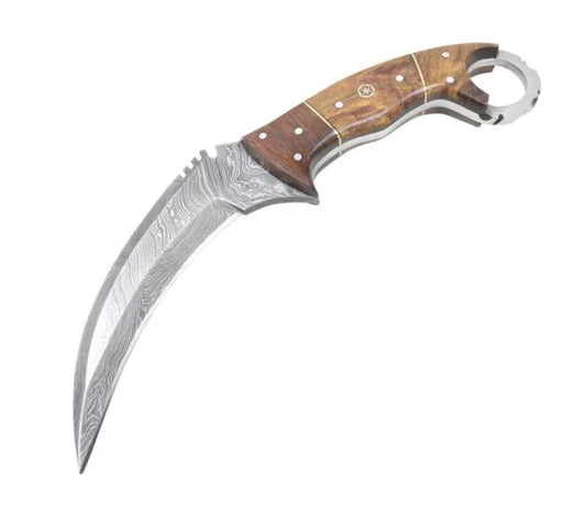 TheBoneEdge 8.5″ Damascus Blade Wood Handle Hunting Knife with Leather Sheath 13132