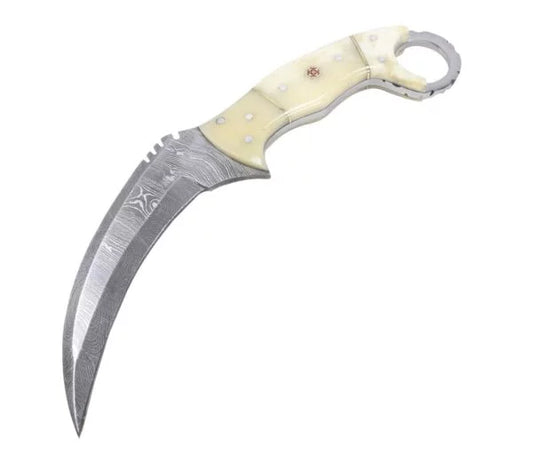 TheBoneEdge 8.5″ Damascus Steel Hunting Knife Beautiful Handle with Leather Sheath 13135