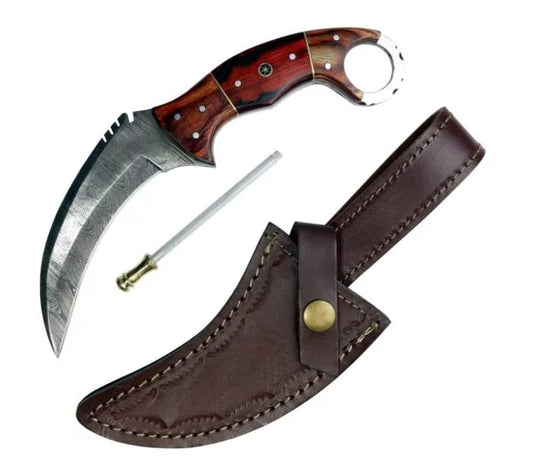 TheBoneEdge 9″ Damascus Blade Red & Black Wood Handle Hunting Knife with Leather Sheath 14058