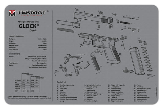 TekMat TEK-R17-GLOCK-G4-GY Gun Cleaning Mat, 11"x17", Glock Gen4 Grey