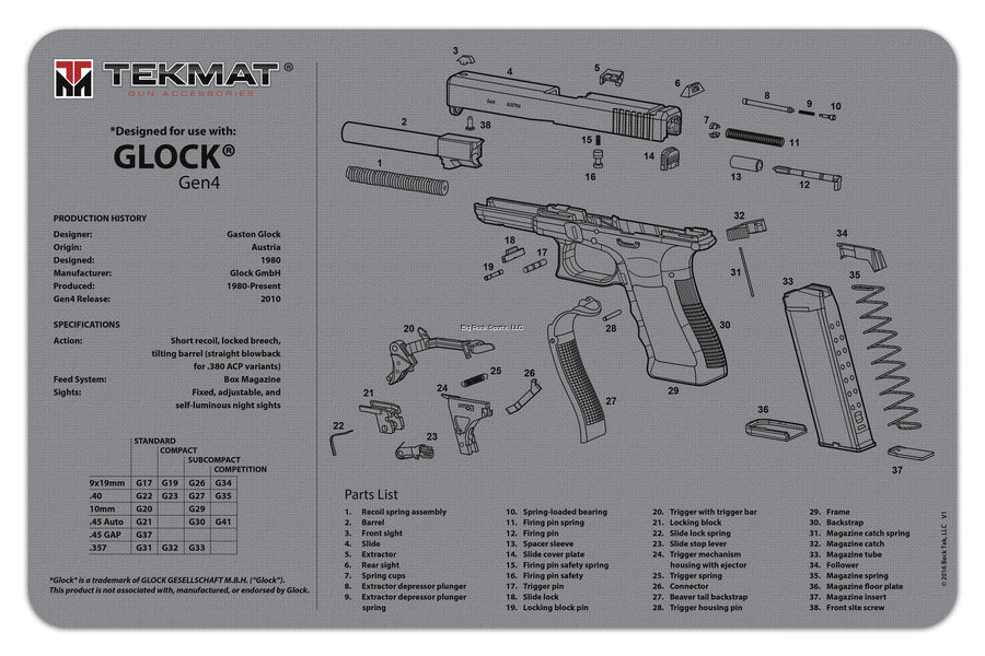TekMat TEK-R17-GLOCK-G4-GY Gun Cleaning Mat, 11"x17", Glock Gen4 Grey