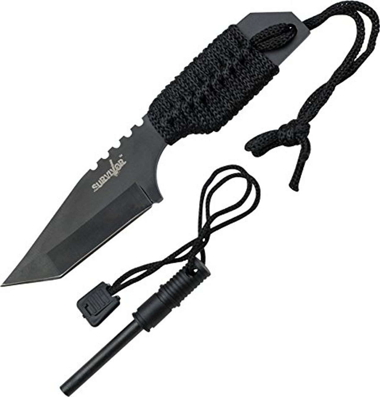 Survivor HK-106320B Fixed Blade Outdoor Knife Black Tanto Blade Black Cord-Wrapped Handle 7-Inch Overall