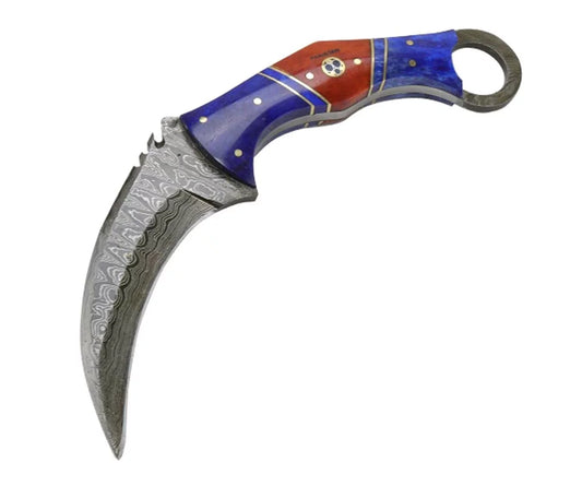 TheBoneEdge 8″ Skinner Damascus Blade Blue Horn Handle Hunting Knife with Sheath 9998