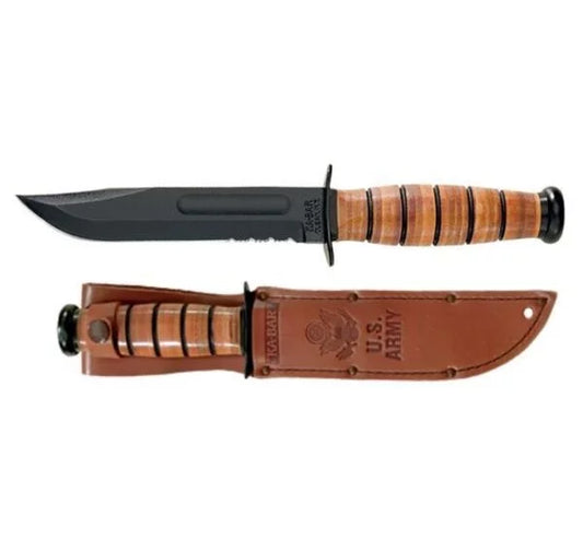 Ka-Bar US Army Fixed Blade Knife, 1095 Cro-Van, Leather Handle, Ka1219