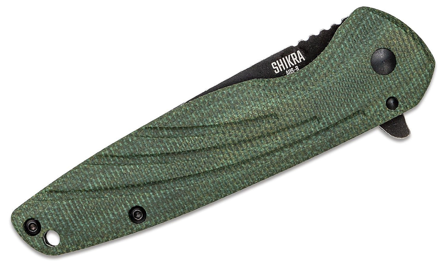 OKC Shirka Flipper Framelock Knife, AUS 8 Black, Micarta/Titanium, 8599GR