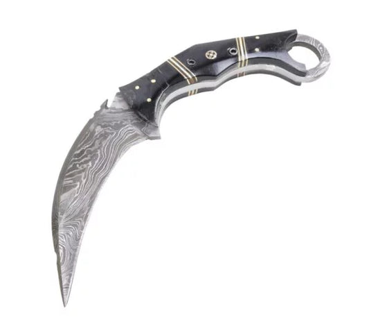 TheBoneEdge 8.5″ Damascus Steel Blade Wood Handle Hunting Knife with Leather Sheath 13126