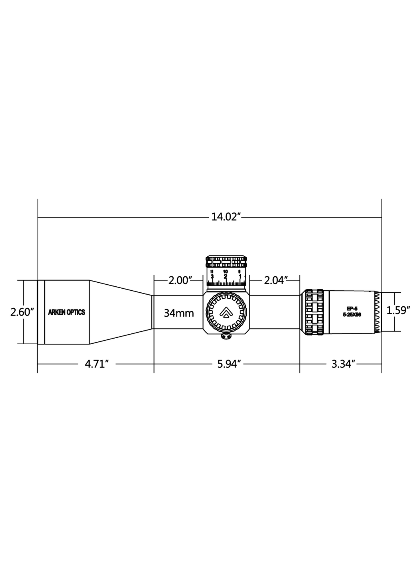 ARKEN EP5 5-25X56 FFP MOA VPR Reticle with Zero Stop - 34mm Tube
