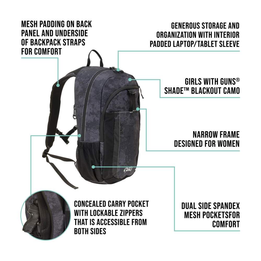 Girls With Guns® Midnight Deluxe Backpack For Women – Lockable Concealed Carry, Narrow Frame, Laptop Sleeve, Black/Shade™ Blackout Camo