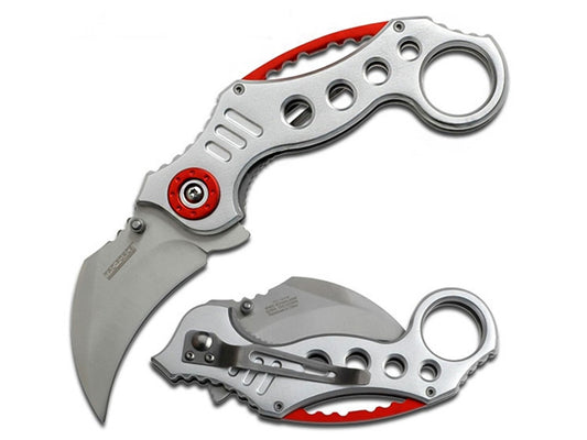 Tac Force Karambit Flipper Folding Knife, Assisted Opening, Stainless Satin, Aluminum Gray/Red, TF-578S