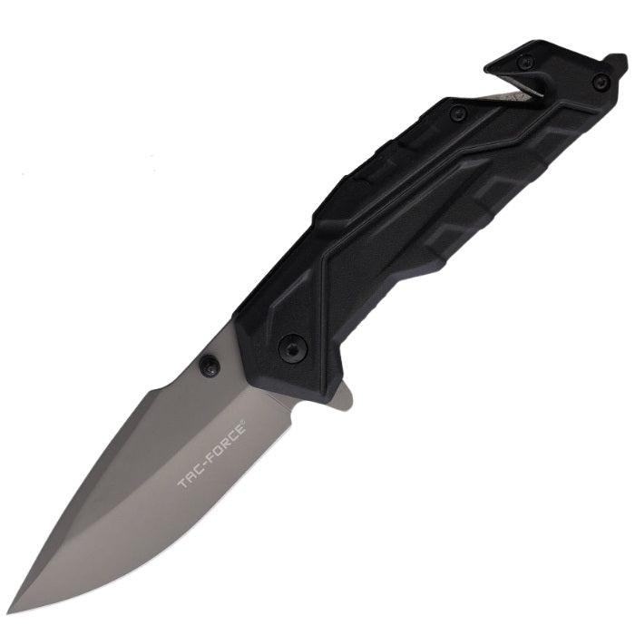 Tac Force Flipper Folding Knife, Stainless Gray, Aluminum Black, Glass Breaker/Belt Cutter, TF-2004GY