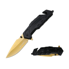 Tac Force Flipper Folding Knife, Stainless Gold, Aluminum Black, Glass Breaker/Belt Cutter, TF-2004GD